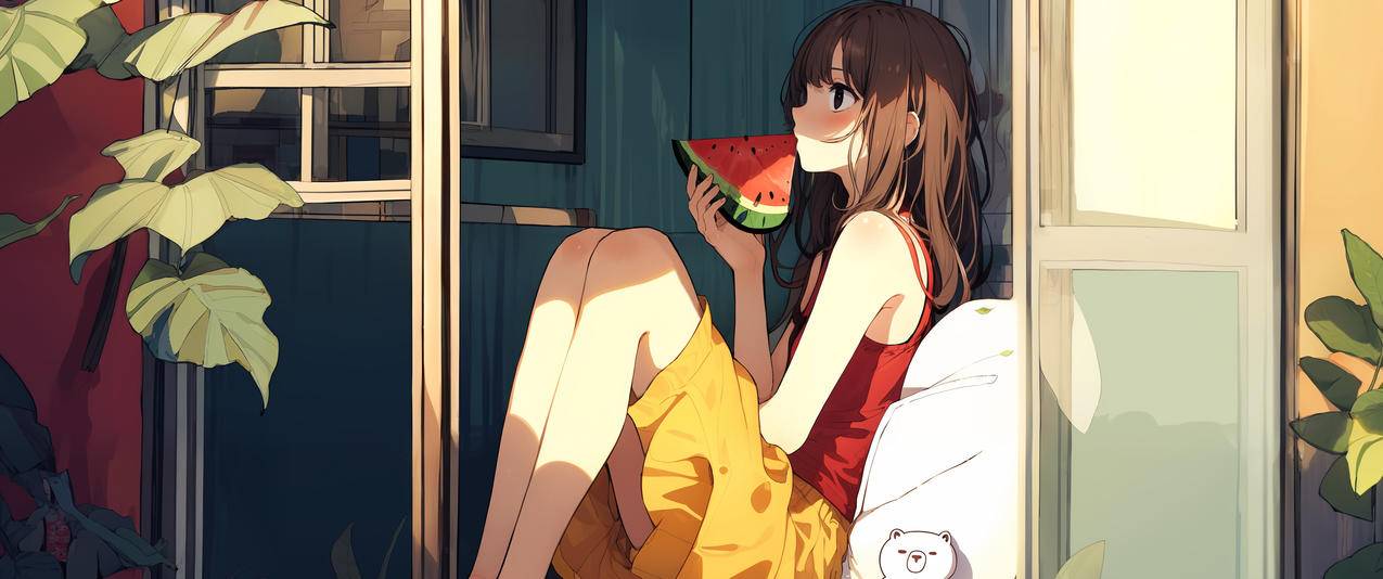 坐在地板上的可爱女生 西瓜 3440x1440带鱼屏动漫壁纸