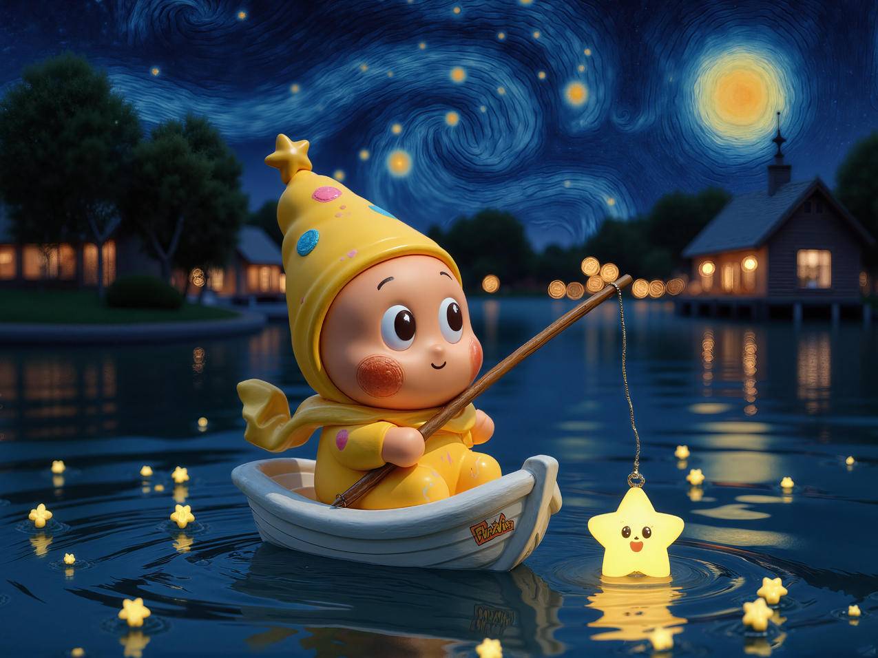 星星人 小船 夜晚 星空 5K平板高清壁纸