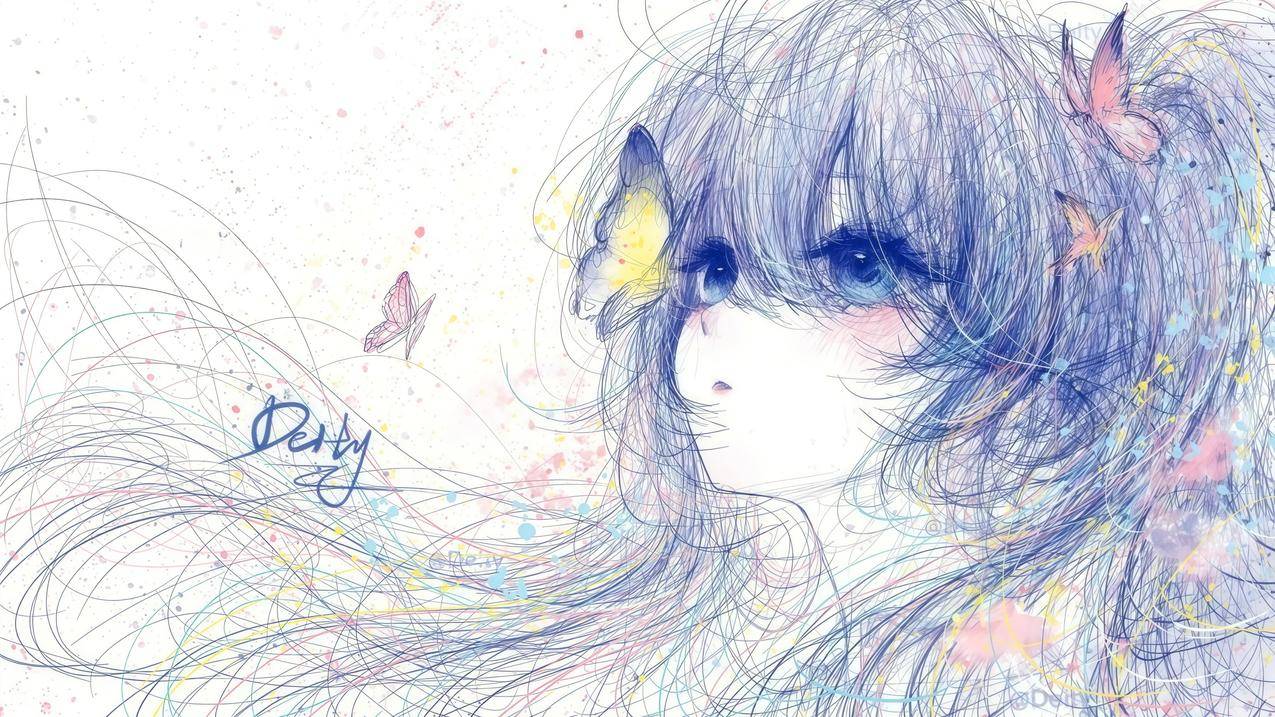少女发丝 蝴蝶 绘画 4K动漫壁纸