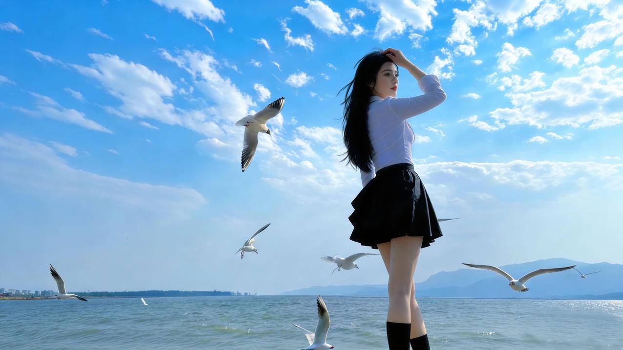 蓝天白云 海边 好看美女长发黑色裙子 4K壁纸