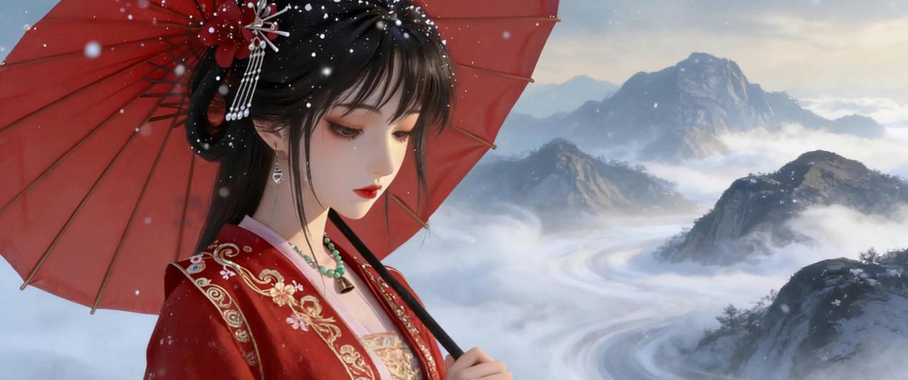 红伞 古风美女 山 雾 3440x1440带鱼屏壁纸