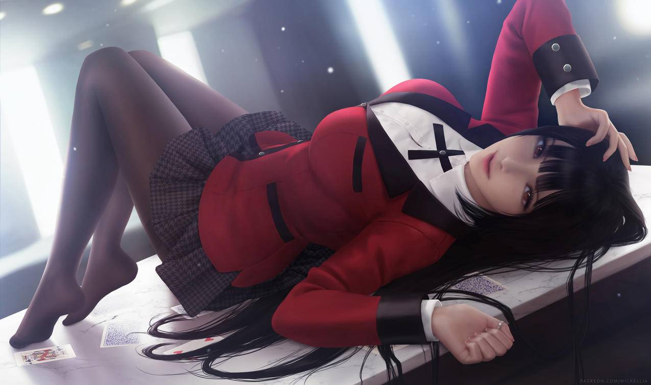 《狂赌之渊》Yumeko蛇喰梦子 红色西装上衣 黑色百褶裙 校服制服 黑色丝袜 4K高清动漫壁纸