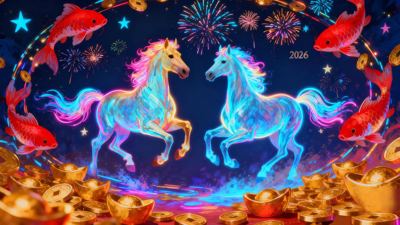 2026马年 两匹马儿 鲜花 鲤鱼 元宝 喜庆节日4k壁纸