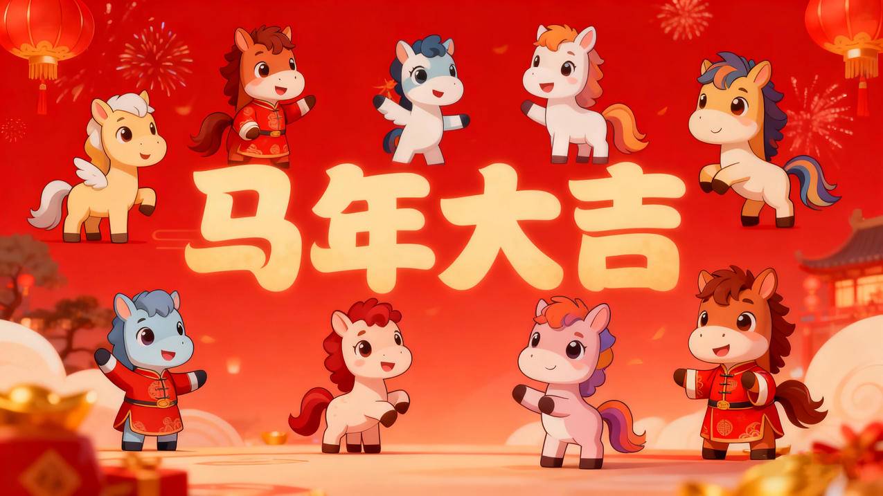 2026马年大吉 9只可爱小马 新年春节红色喜庆背景4k壁纸