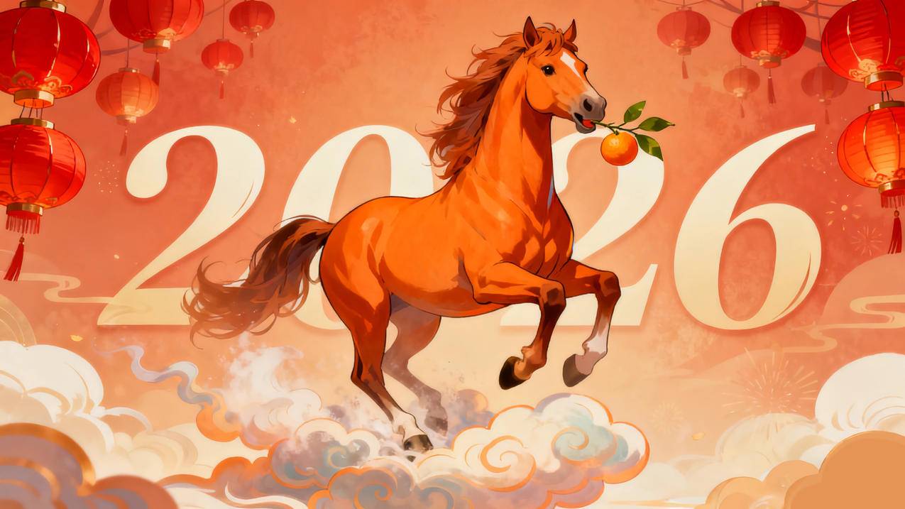 2026 高大的马 桔子 详云 红色灯笼 4k壁纸