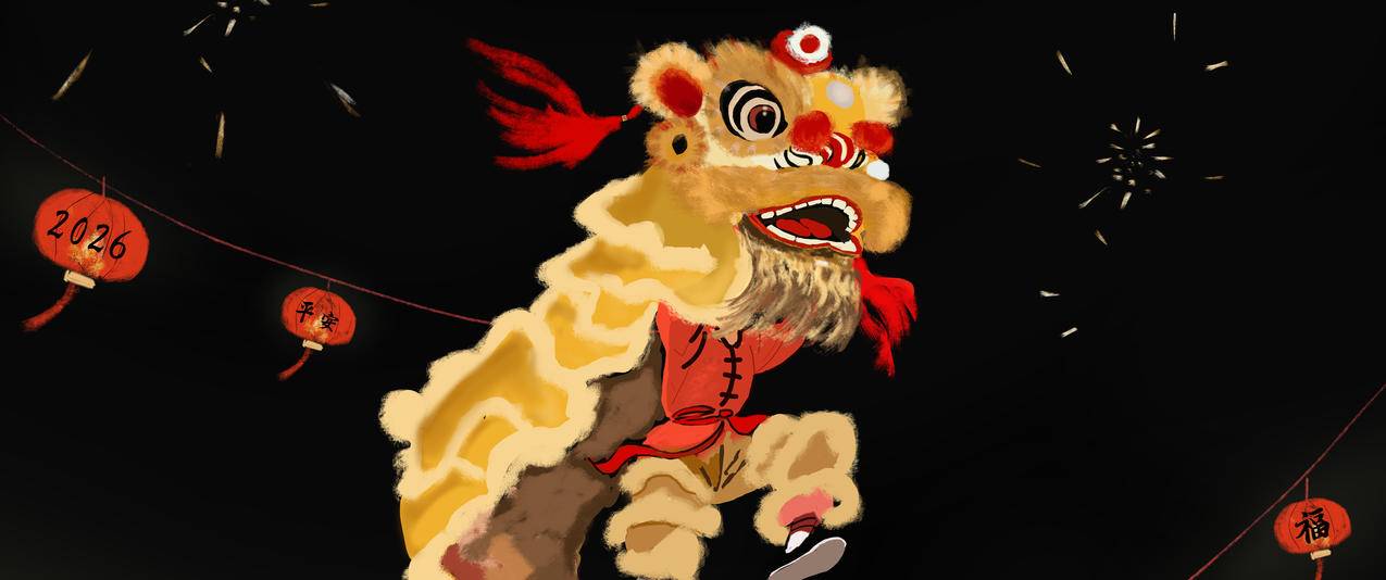 2026年马年平安 祈福 新年 舞狮 灯笼 烟花 忘忧草厚涂手绘3440x1440带鱼屏壁纸
