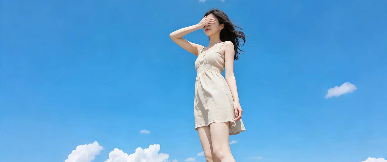 蓝天白云 阳光美女蒙眼 小清新3440x1440带鱼屏壁纸免费