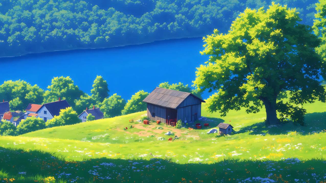 河流 房子 小屋 树 草地 鲜花 4K风景壁纸 3840x2160