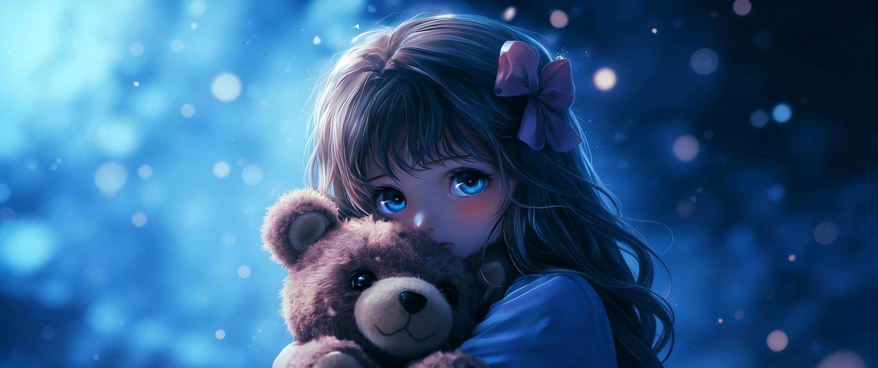 抱着小熊小女孩 蓝色眼睛 3440x1440带鱼屏壁纸
