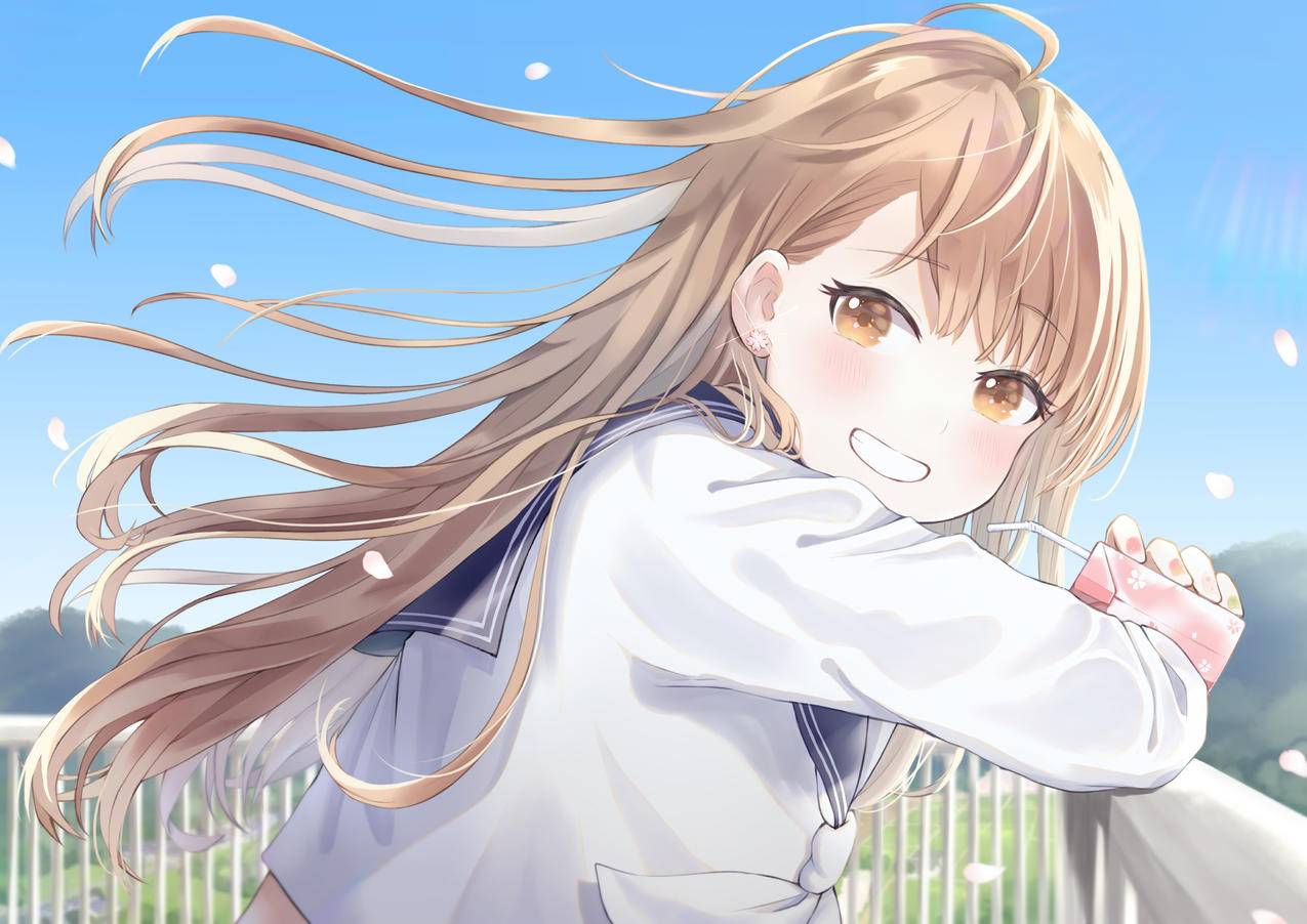 栏杆 校服 女孩 可爱 花瓣 4K高清动漫壁纸