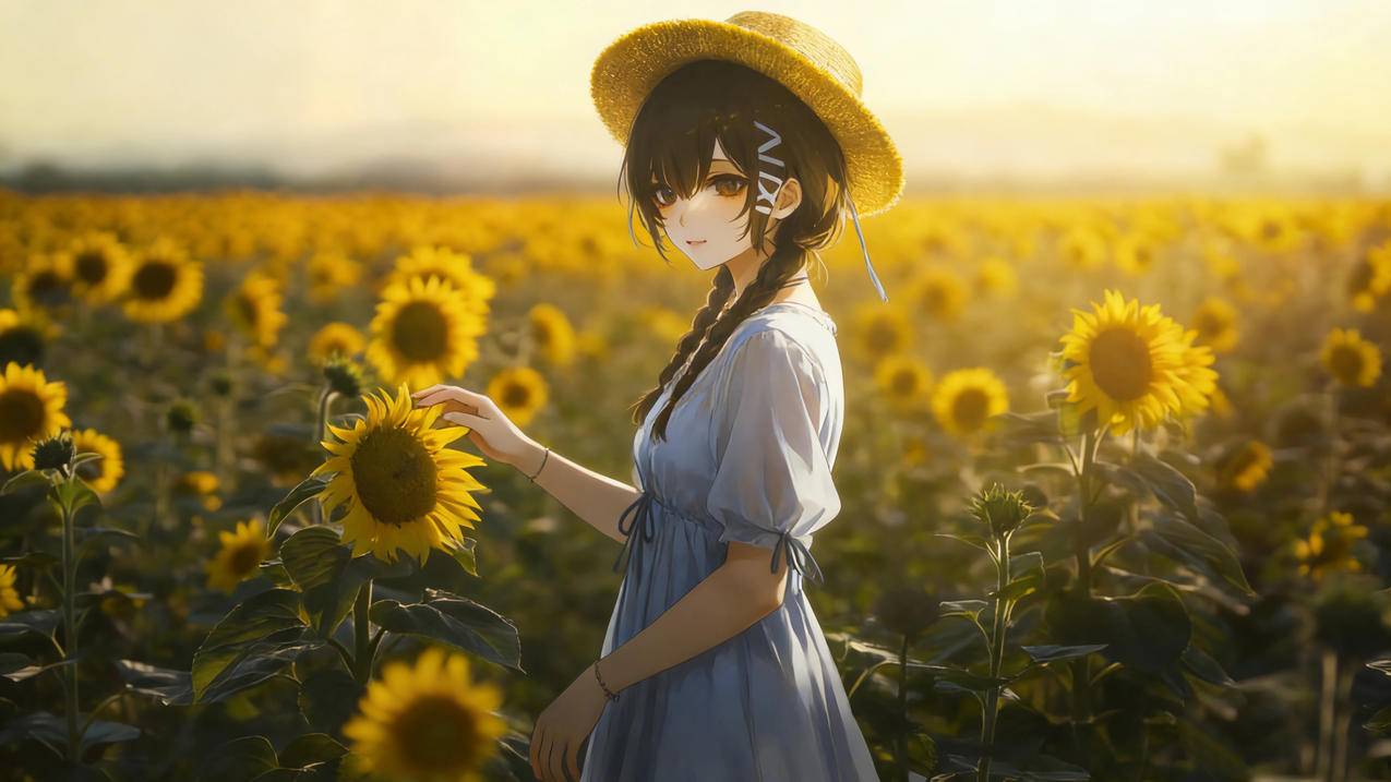 向日葵 花海 女生 帽子双马尾辫 白色裙子 4K动漫壁纸