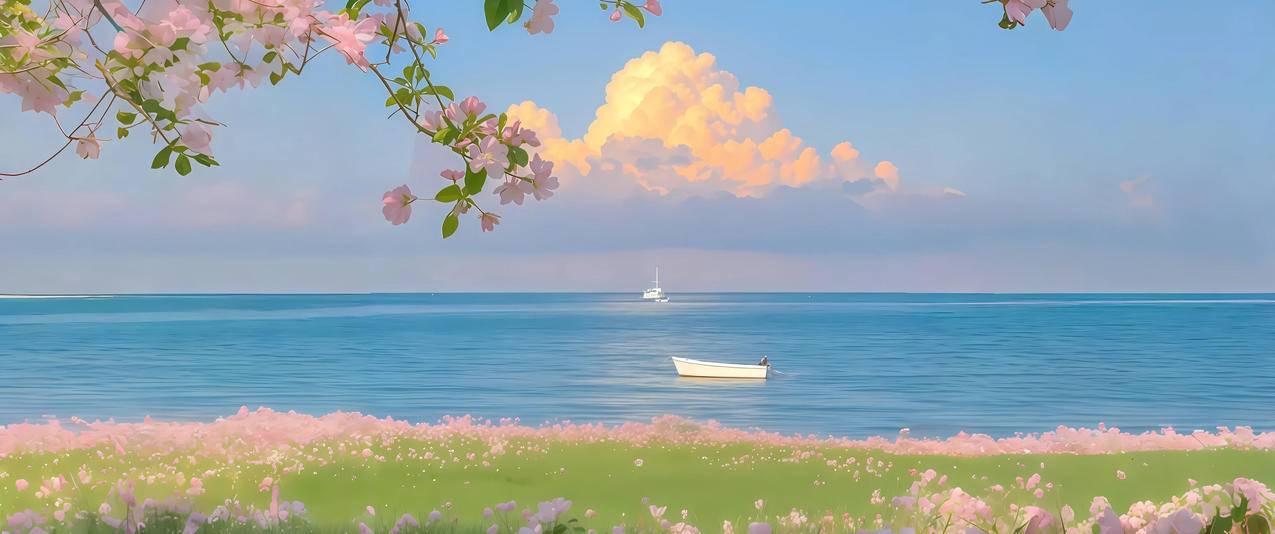 海边 鲜花 唯美风景 3440x1440带鱼屏壁纸