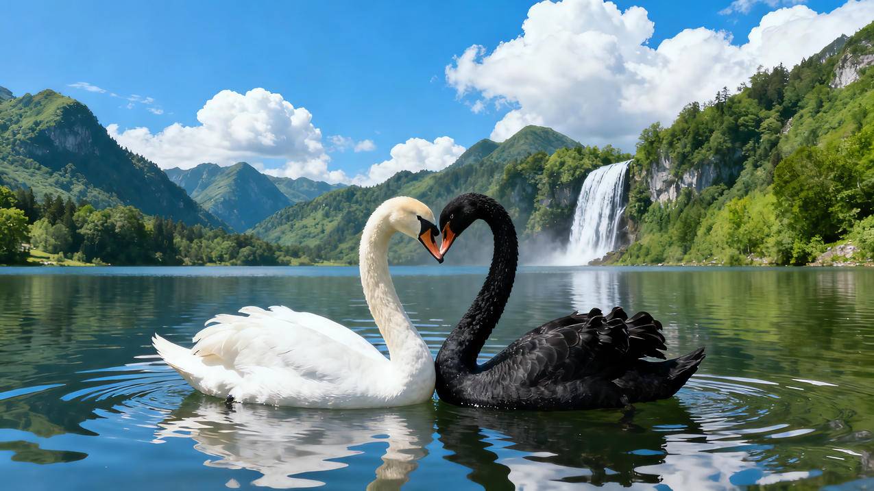 湖水 一对天鹅 浪漫 爱心 4k壁纸