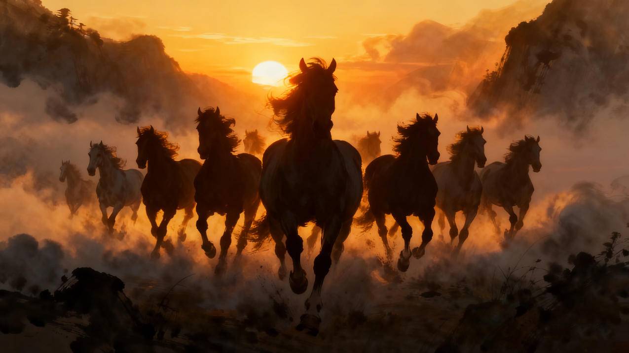 美丽的黄昏 十只奔跑的骏马4K壁纸图片