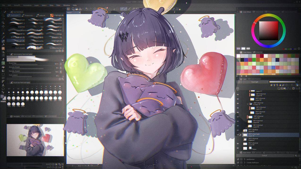 动漫女孩 刘海 微笑 闭眼 可爱表情 草图 Photoshop 绘画4k壁纸