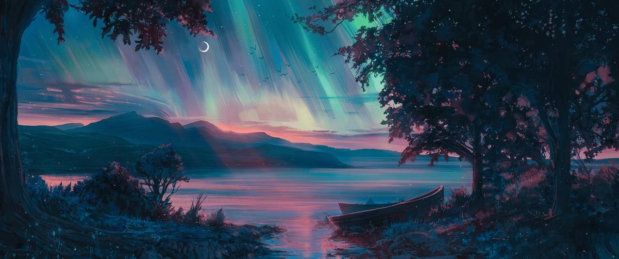 月亮 山脉 树木 船 天空 鸟 唯美绘画风景3440x1440带鱼屏壁纸