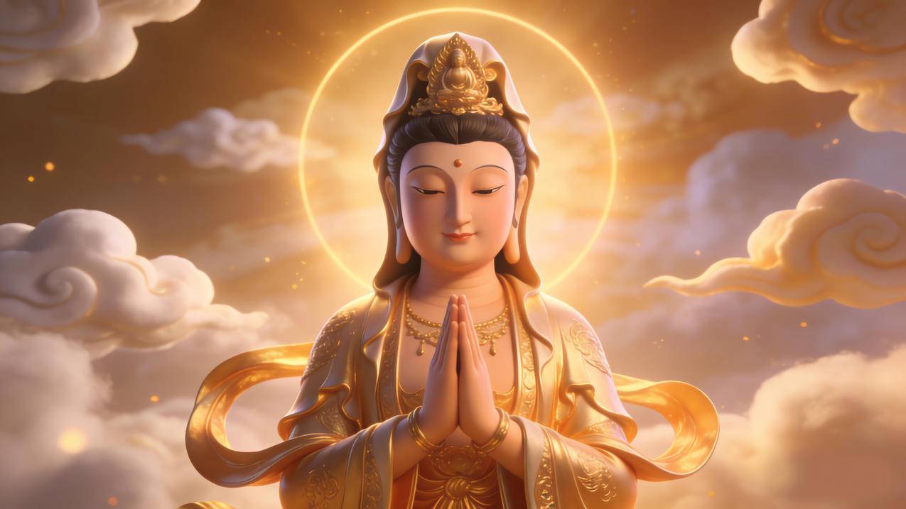 观音菩萨 双手合十 光 云 4k壁纸