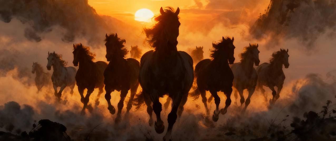 美丽的黄昏 十只奔跑的骏马3440x1440带鱼屏壁纸