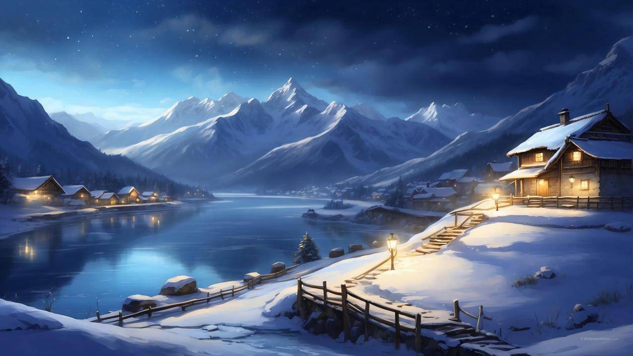 精选《冬季 夜景 雪景 雪山 湖水 房子 灯光 4k风景壁纸》图集 - 壁纸爱好者