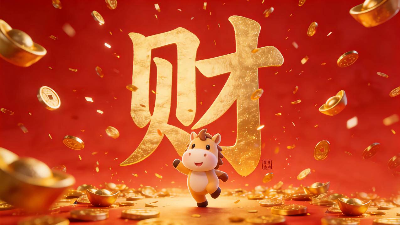 可爱小马 大财字 下钱雨 元宝金币 4K壁纸3840x2160