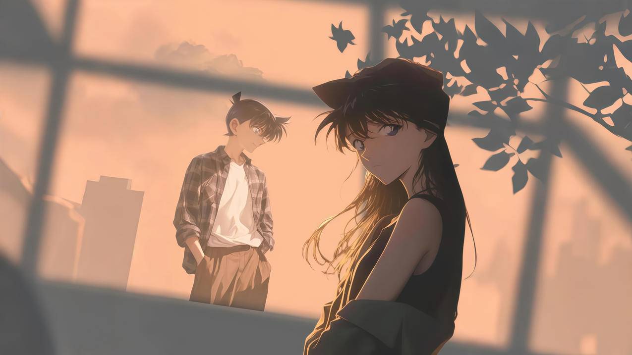 黄昏窗边动漫人物小兰和柯南4K电脑壁纸3840x2160
