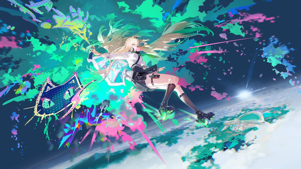 动漫女孩 长发金发 多彩颜料 4K壁纸