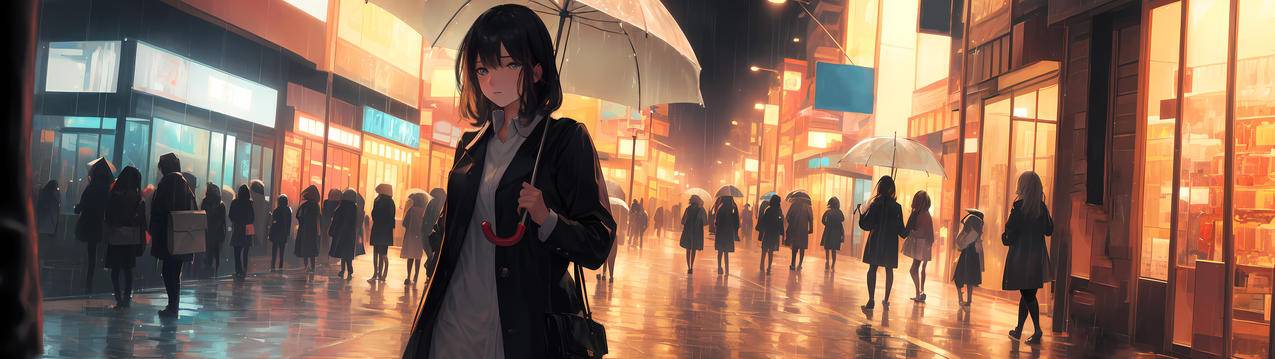 雨天 夜晚 街道 商店 短发女孩 人物 3840x1080动漫双屏壁纸