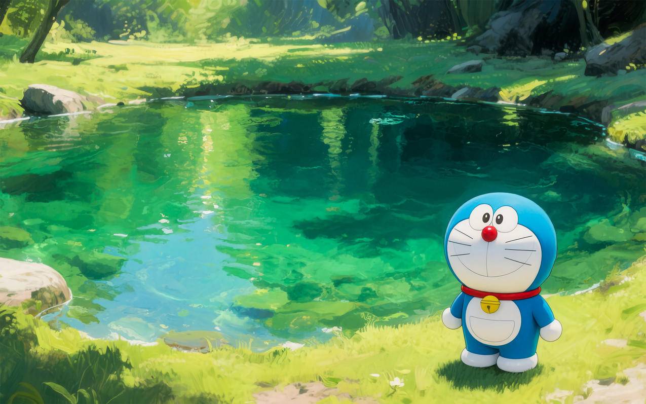 哆啦A梦 水塘 森林 4K壁纸 3840x2400